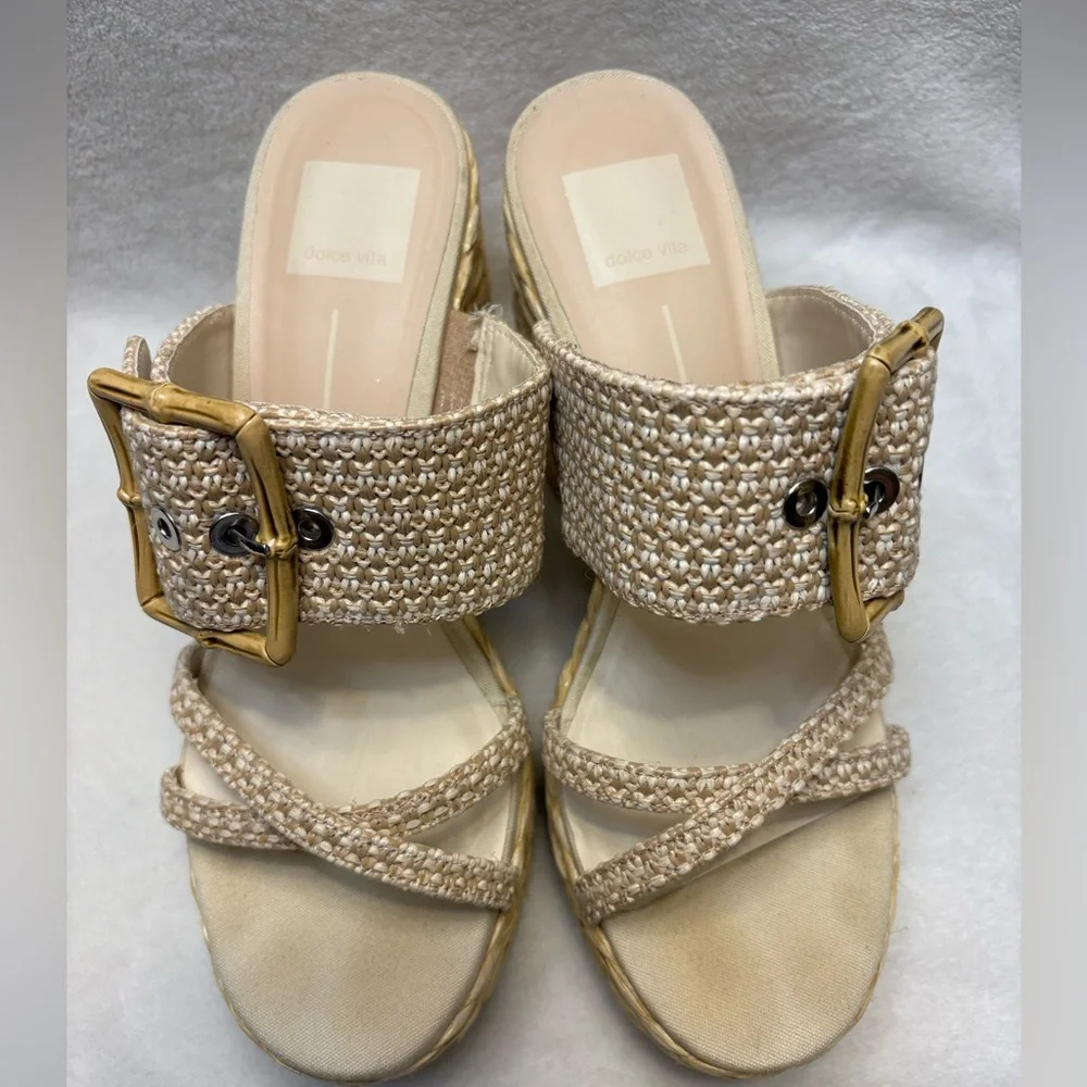 Woven Platform Slide Sandals in Natural Beige